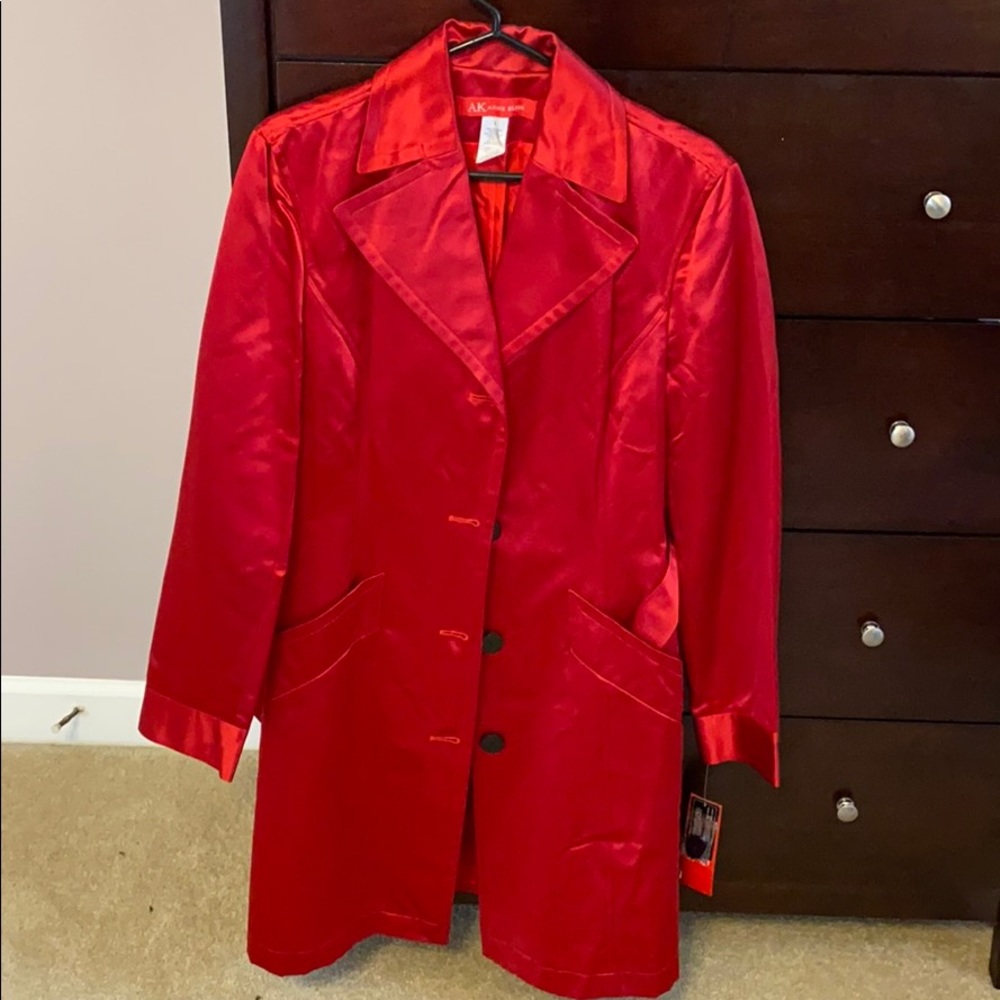 Bright red silk trench coat, size L